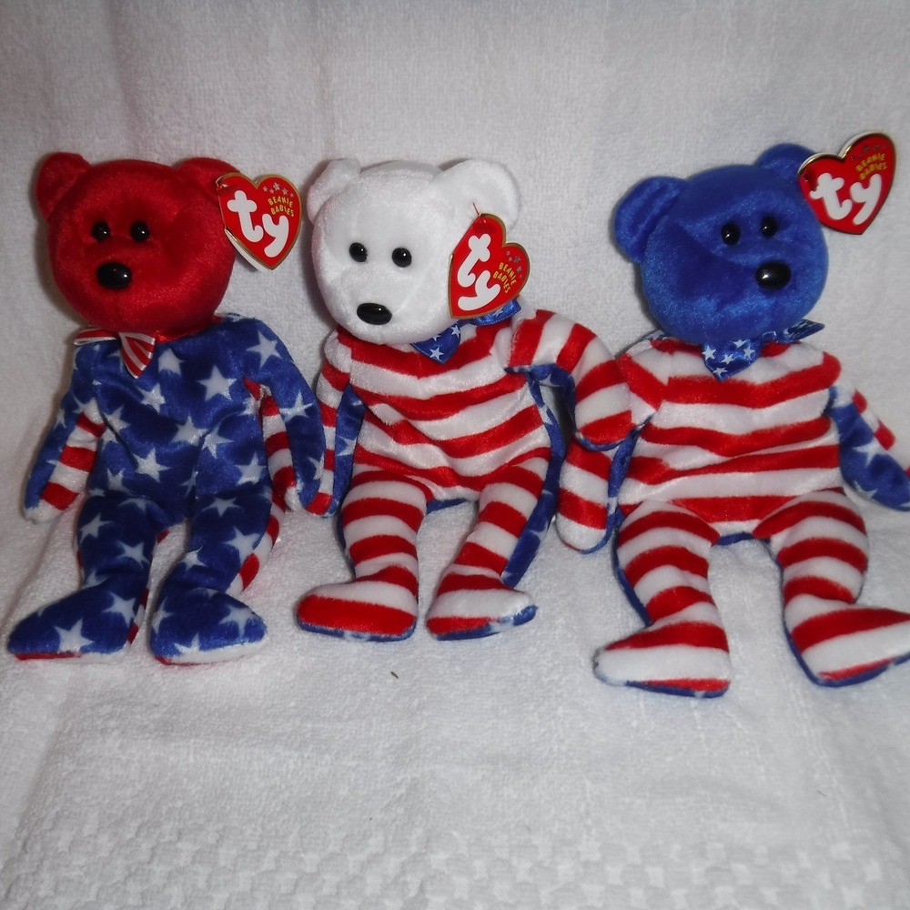 Ty Beanie‎ Babies Liberty Bear Set of 3 Red White Blue Stars Stripes EXCELLENT